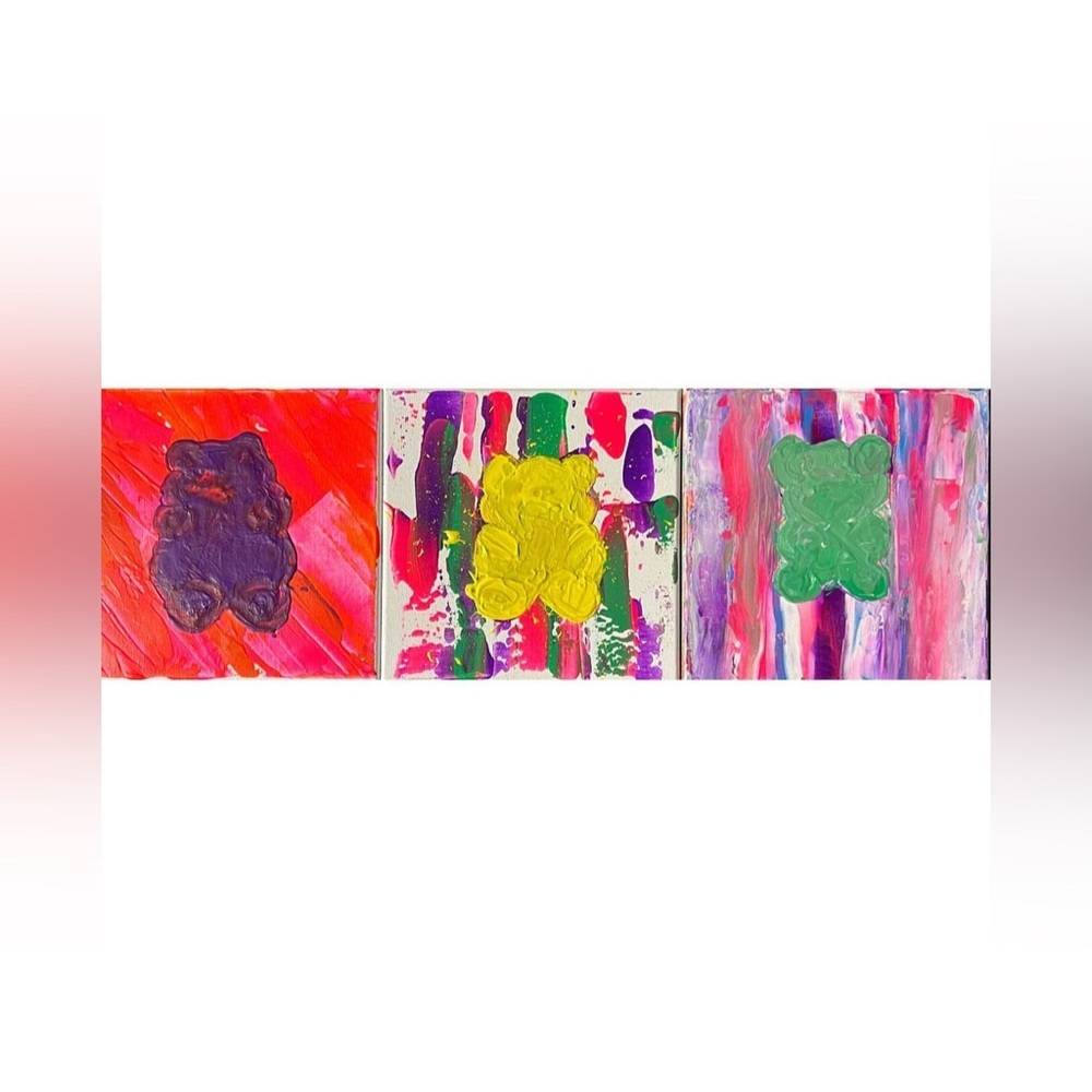 Handcrafted 3 Neon Gummy Bear Paintings With COA of Artist